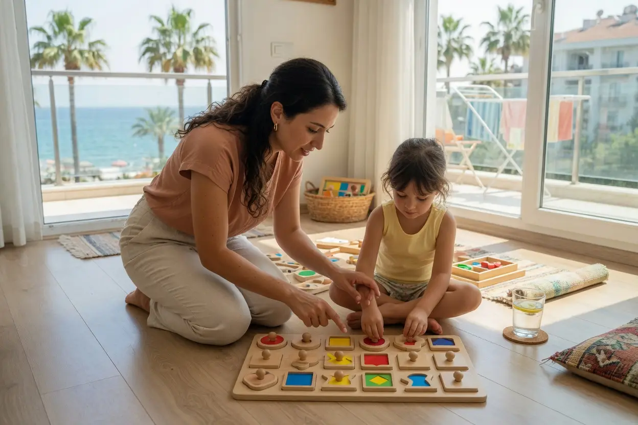 Profesyonel dadı, küçük bir kızla yerde ahşap Montessori şekil yapbozu yapıyor